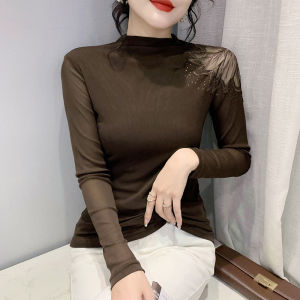 AIYIKU Áo Cổ Cao Mới Mùa Thu 2022 Áo Thun Lưới Khoan Hót Khâu Ren Tay Dài Áo Mặc Trong Ôm Thời Trang Cho Nữ