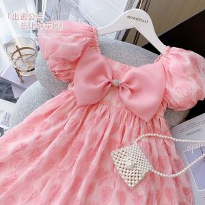 Fashion Dress for Kids Girl Dress Summer Children  New French Style Bow Princess Dress Baby Western Style Puff Sleeve Skirt