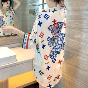Thin Mid-Length French Shirt Pajama Dress Summer Cartoon Cat Oat Silk Cool Feeling Ladies Nightgown