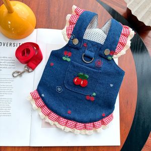 CLARO Mesh Dog Dress Harness Set with Leash Denim Cat Dog Vest Trendy Soft Pet Jeans Skirt For Teddy Bear Bichon Frise Etc.