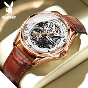 PLAYBOY Watch For Men Automatic Waterproof Watch Skeleton Dial Luminous Pointer Stainless Steel/Leather strap Strap 100%Original Mens Watch Automatic