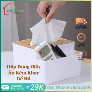 Hộp Đựng Giấy Ăn Để Bàn Nắp Gỗ Có Ngăn Để Đồ Đa Năng ANHOME- Hộp Khăn Giấy Nắp Gỗ Kèm Khay Để Đồ Tiện Dụng
