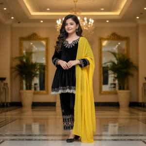 [PRE ORDER] KIDS  READY MADE DRESSES TOP BOTTOM DUPPATA FABRIC:-Heavy Viscose Velvet With *Heavy Embroidery Sequence Work* With Full Sleeves SIZE:- 3 YRS TO 15 YRS _233 Delivery Lead Time : 10 days