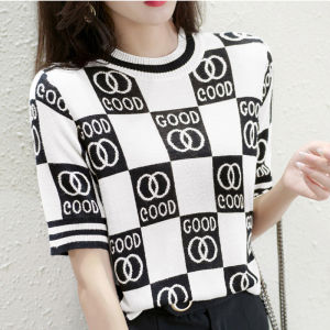 LUCKIN STORE Top for Women Womens Stripe Short Sleeve T-shirt Korean Loose Knit Round-neck Tops Summer New Shirt Stripe Shirt