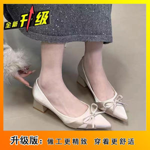 [Free Shipping] Pointed-Toe Low-Heeled Chunky-Heeled Pumps For Women Autumn/Winter New Style Slip-On Evening-Style With A Bow And Satin Finish