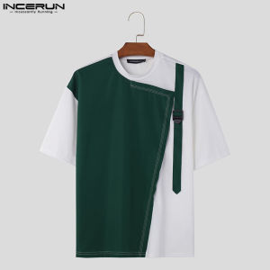INCERUN Men Street Short Sleeve Tee Handsome Trendy Splicing Backpack Buckle Design T-shirts (Korean Style)