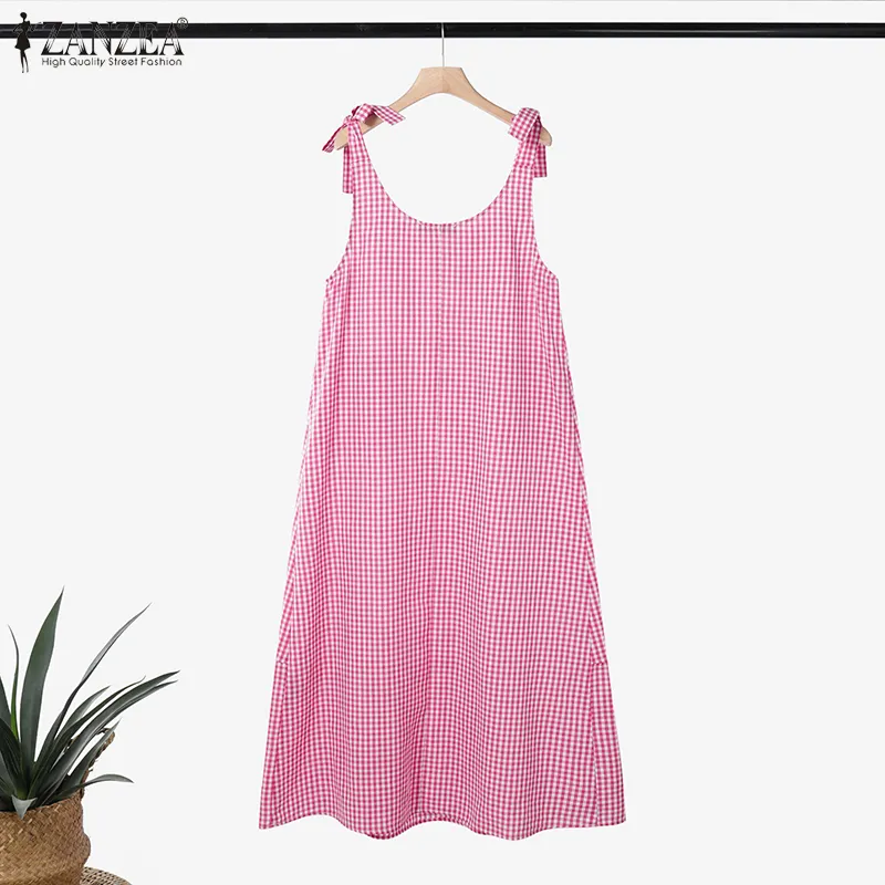 Celmia ZANZEA Muslimah Women Muslim Plaid Check Print Dress U-Neck