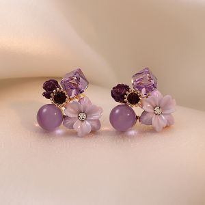 Ready Stock 1 Pair Purple Crystal Flower Stud Earrings For Woman 2023 Korean Fashion Jewelry Wedding Party Girls Elegance Set Accessories