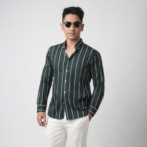 VENGOZ Kemeja Pria Slimfit - Vicente Stripe Dark Green LS