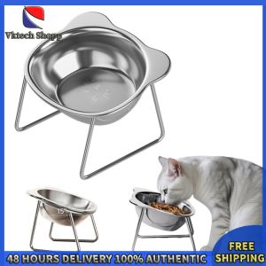 Vktech Pet Feeding Bowls Elevated Stainless Steel with Stable Stand Non-Slip Double Dishes for Cats