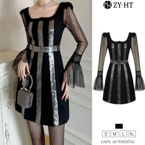 ZYHT EraVogue Váy nữ Váy đen Váy chữ A Váy cổ vuông Váy dài tay Váy Sequin Váy cao cấp Váy cổ điển Váy sự kiện Váy dự tiệc Váy Pháp 61001