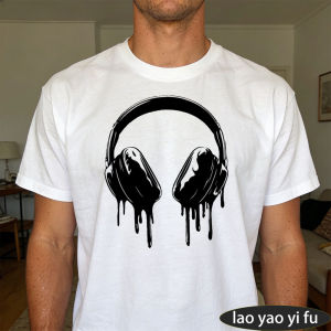 [Local Stock] HBESTY  Dripping Headphones Men Tshirt Black Melting Headphone Streetwear Hip Hop Graphic Elegant Casual Mens Short Sleeve Apparel