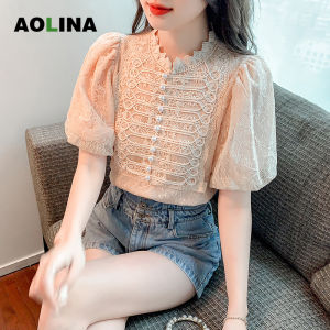 AOLINA 2022 summer new lace sweet and fashionable all-match apricot puff sleeve blouse