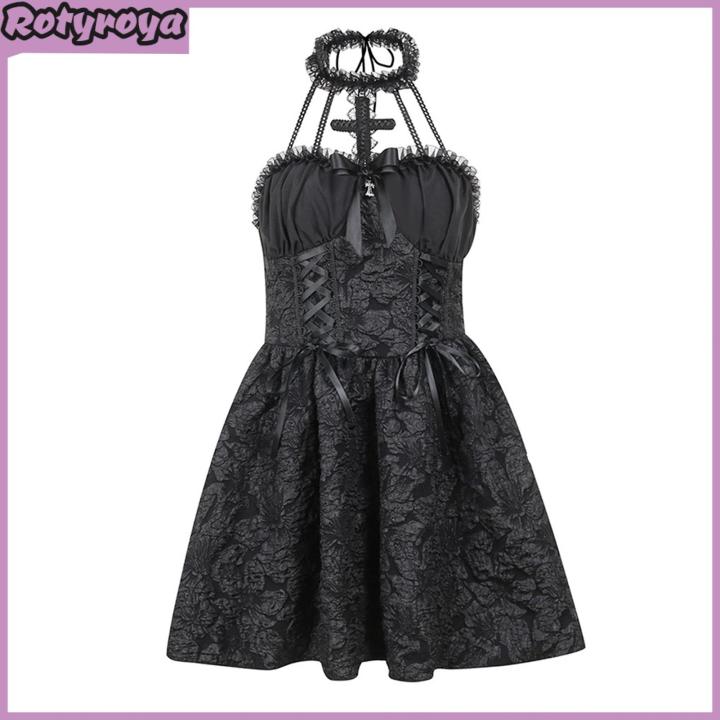Rotyroya Women Victorian Style Dress Gothic Lolita Dress Women's Gothic  Lace Sleeveless Dress Vintage Corset Halter Swing Cocktail Dress Victorian  Black Lolita Punk Style Perfect for Party and Evening Wear