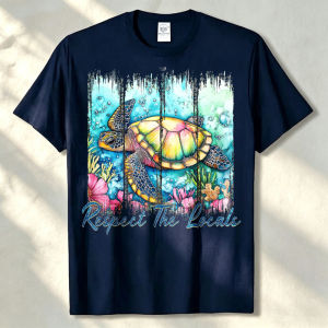 [Local Stock] HBESTY  Women Cotton T Shirt Respect The Locals Watercolor Sea Turtle Underwater Coral Floral Graphic Tee Ocean Conservation Beach Tees