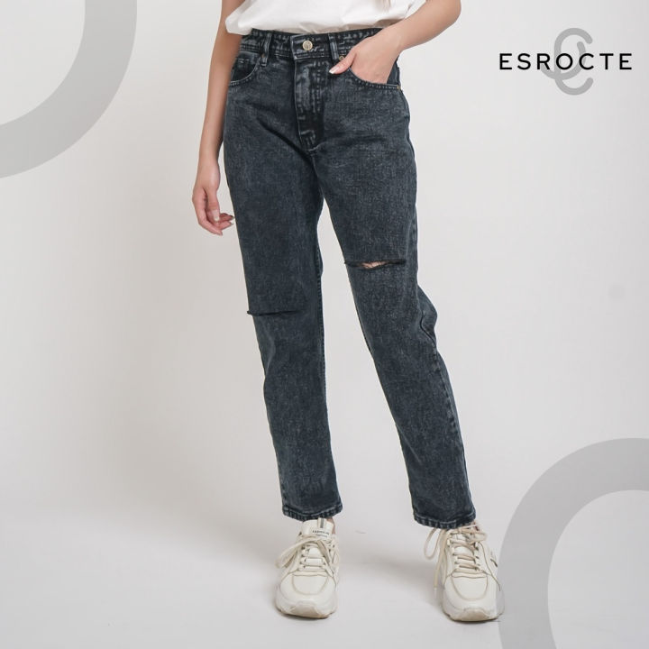 ESROCTE Celana Boyfriend High Waist Ripped Jeans Wanita R06