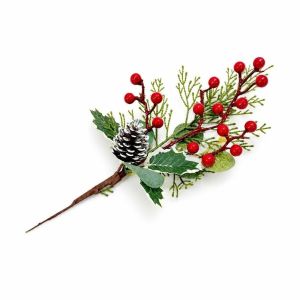 MAKERVY Red Berries Artificial Pine Branches Green Leaves DIY Wreath Fake Holly Pine Branch Creative Wrapping Ornament Christmas Pine Stick Xmas Tree Decoration