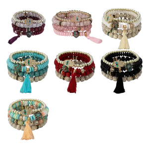 Bohemian Styles 4Pcs Evil Eyes Bracelet Set with Hand Tassels Charm and Beads Chain for Trendy Women Daily Wear