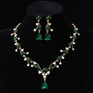 GENENIC Rhinestone Water Drop Bridal Jewelry Sets Golden Shiny Exquisite Jewelry Sets Flower Necklace Sweet Charm Choker Necklace Earring Set Valentine Day Gifts