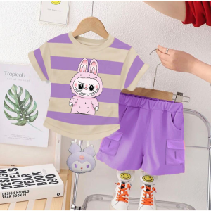 Set Kaos Salur Dan Celana Pendek Kargo Anak Perempuan Motif Terbaru Usia 1-6 tahun Karakter Labubu