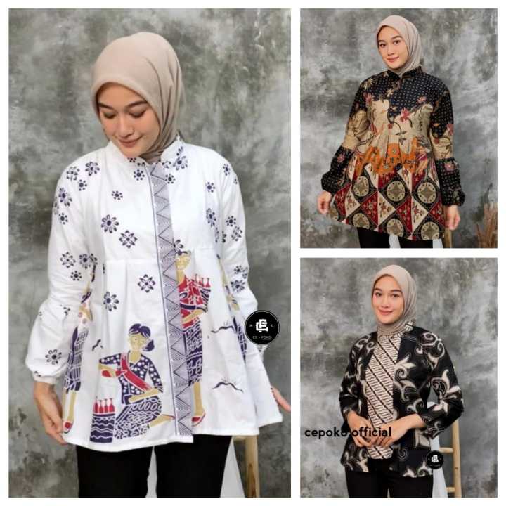 Blouse Batik Kerja Wanita Modern Baju Batik Wanita Lengan Balon Seragam