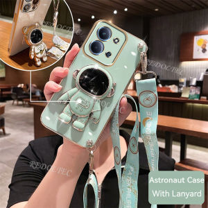 Case For Redmi 15C 4G 2025 New Fashion Cute 6D Electroplated Phone Casing For Redmi15C With Astronaut Stand Holder Long Crossbody Lanyard Strap For Girls