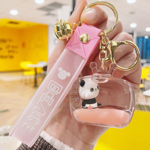 พวงกุญแจรูปแพนด้าตุ๊กตาอคริลิคลอยตัวน้ำมันจี้กระเป๋าพวงกุญแจทรายไหลที่สวยงาม