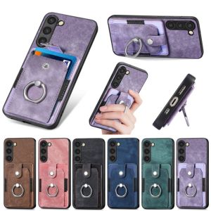 Retro Phone Case for Samsung Galaxy S24 S23 S22 S21 S20 FE F62 M62 Plus Ultra Back Casing Finger Ring Stand Cards Holder Wallet Protective Cover
