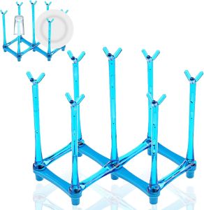 PCTC Retractable Cup Drying Rack Drinking Glass and Sports Bottle Drainer Stand Plastic Bag Dryer and Mug Tree with Non-Slip Bottom for Kitchen Countertop (Blue)