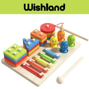 Wooden 3in1 Column Sets Ages 3+ Xylophone Fishing Shapes Gift For Boys and Girls by WISHLAND