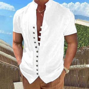Summer Short Sleeve Shirts For Men White Formal Shirt Social Dress Shirts Casual Cotton Linen Tops Beach Blouses Man Clothing