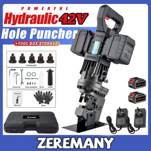20T Portable Hydraulic Hole Puncher 42V Cordless Metal Sheet Plate Cutting Machine with Dual Batteries & 5 Sets Punching Dies (6.5mm-20.5mm)