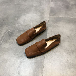 ZAZA Vintage Leather Shoes for Women Black Office Shoes Square Toe Korean Women Low Heel Soft Shoes High Quality