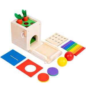 Montessori Toys for 1 2 Year Old 4 in 1 Wooden Toy Box Includes Object Permanence Box Carrot Harvest Shape Sorter-Educational Toys