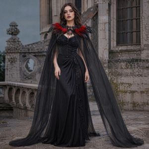 SWALLOWED Black Halloween Feather Cloak Elegant Fur Collar Festival Costume Cape Chain Trim Mesh Fringe Hollow Lace Mesh Cape Stage Performance