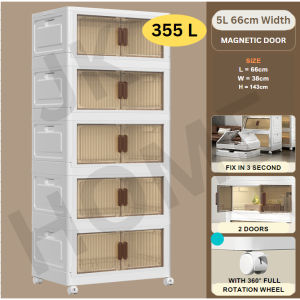 JK HOME Foldable Storage Box 5 Layers Multi Lid Transparent Two Doors Stackable With Wheel Multipurpose