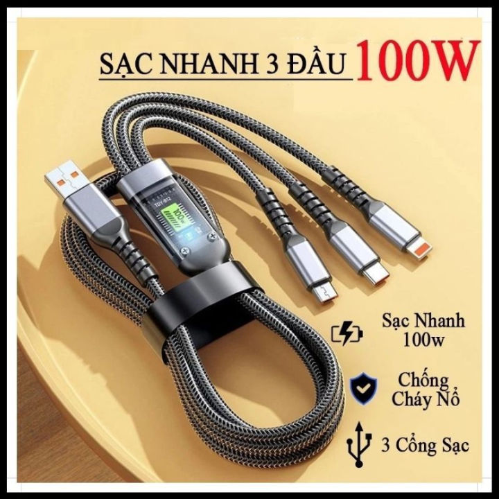 [3 Đầu] Dây Cáp Sạc Nhanh - Dây Sạc Tự Ngắt 3 Đầu 100W Micro USB Type C ...