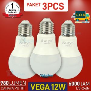 PAKET 3 PCS Lampu Bohlam LED Buld Surya VEGA 12 Watt ORIGINAL SNI Resmi Hemat Energi Cahaya Lampu 980 Lumen GARANSI Resmi 1 TAHUN (Umur 6000 Jam) - Putih