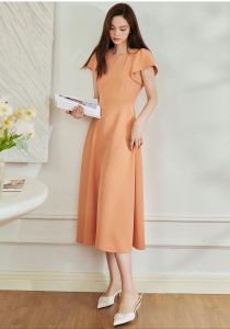 Đầm xoè cam nhẹ cổ tròn tay ngắn nhỏ đơn giản