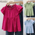 ZANZEA Women Summer Casual Crew Neck Blouses Cap Sleeve Plaid Printed Girlish Thin Top #0428. 