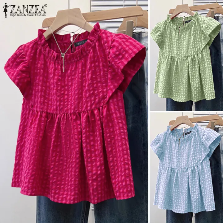 ZANZEA%20Women%20Summer%20Casual%20Crew%20Neck%20Blouses%20Cap%20Sleeve%20Plaid%20Printed%20Girlish%20Thin%20Top%20#0428%20-%20Image%207