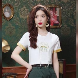 Ammin 2024 mùa hè đơn giản cổ tròn thời trang màu tương phản tay ngắn Cotton Áo Thun Nữ Tua Rua hoài cổ khóa đĩa thiết kế cổ điển thêu hoa Áo Blouse thanh lịch