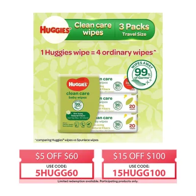 Huggies Clean Care Baby Wipes Travel Pack 20s x 3