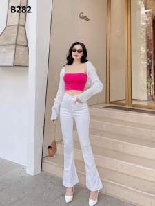 [Size 27-35] Quần jean dài nữ ống bass lưng cao 1 nút mẫu trơn co giãn mạnh màu trắng