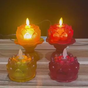 Led colorful glass lotus lamp for Buddha light houled Colored Glaze Lotus Lamp Buddha Worshiping Lamp Domestic Sanctuary Lamp Buddha Front Guanyin Lotus Electronic Candle Rechargeable 23.8.21