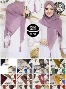 HIJAB SEGI EMPAT BELLA SQUARE DI SETIAP SISI 3 TASSEL isi 10 pcs - Paket Usaha