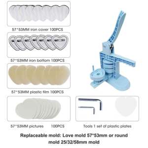 NantFun Replaceable Heart-Shaped Circular Push-Pull Badge Machine Button Badge Making Machine Mold Of Different Sizes 253258 Round /57*53mm Heart-Shaped Mm Mold DIY Badge Needle Making Machine Kit 100 Badge Parts