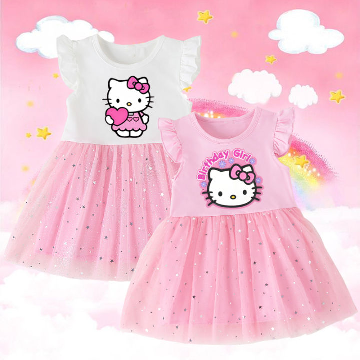 Cute Kitty Cat Print Girls Dresses Sweet 1-5 Years Princess Dress For Baby  Girl Gauze Skirt Cotton Flying Sleeve Dress Kid Gift