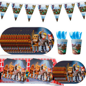 Roblox ตกแต่งงานเลี้ยงวันเกิดหุ่นยนต์อุปกรณ์ปาร์ตี้จานกระดาษทิชชู่ถ้วยกระดาษผ้าปูโต๊ะกล่องขนมดึงธง