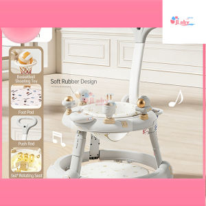 Foldable Baby Walker with PU Silent Wheels Music Lights Adjustable Height Rotating Seat Baby Activity Walker